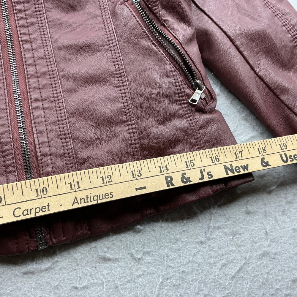 Burgundy Faux Leather Hooded Moto Jacket Faux Fur Lined Pockets Med Streetwear - Picture 10 of 16